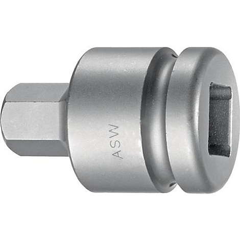 Metalen adapter met zeshoekige en vierkante aansluiting. Op de zijkant staat "ASW".