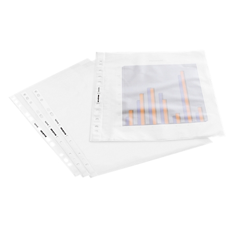 Transparante insteekhoezen, deels gevuld met diagrammen, op witte ondergrond. Perforaties en labels zichtbaar.
