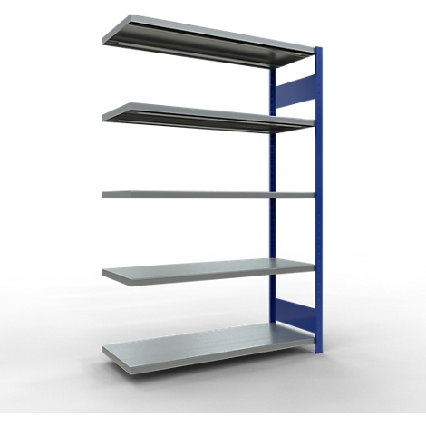 Grijs metalen stellingkast met vijf niveaus, blauw frame en witte achtergrond.