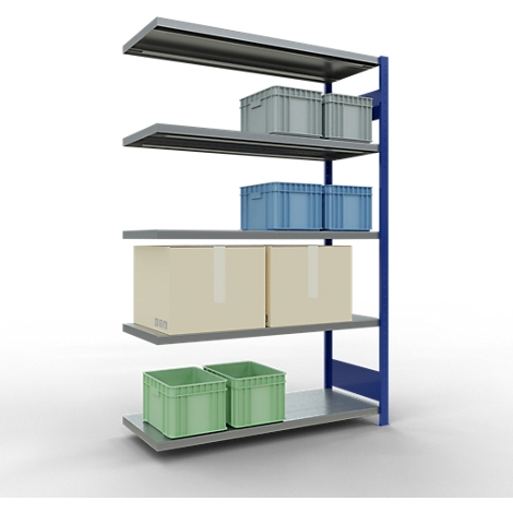 Een grijs rek met blauwe steunen. Op de planken staan dozen en kartons.