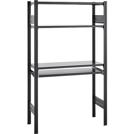 Donker metalen rek met drie niveaus. Het bovenste niveau is een smalle plank. De andere zijn breder en lijken op een bureau.