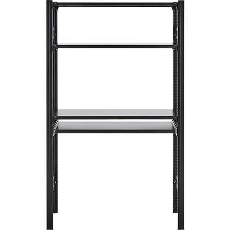 Zwart rek met drie planken, vrijstaand op een witte achtergrond.
