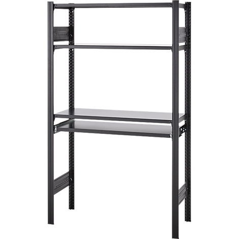 Zwart, meerlaags rek met drie planken. Het frame is van metaal.
