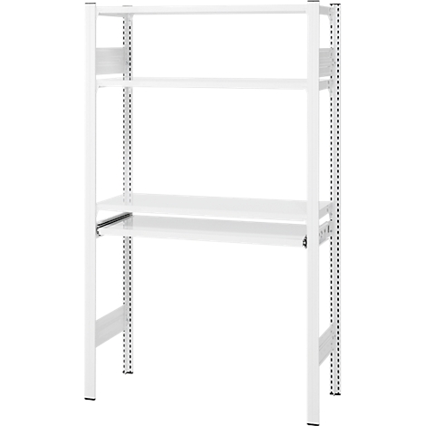 Witte open planken, metalen frame, helder verlicht.