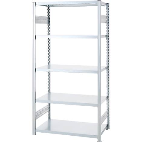 Een zilveren rek met vijf niveaus. De structuur is gemaakt van metaal, met rechthoekige palen en geperforeerde zijstijlen.