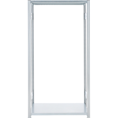 Leeg, wit metalen rek tegen een witte achtergrond. Het rek heeft een onderste plank.