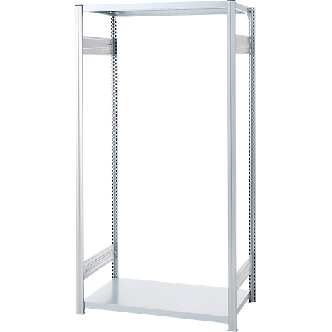 Open, zilverkleurig rek met vier verticale stijlen en een plank.