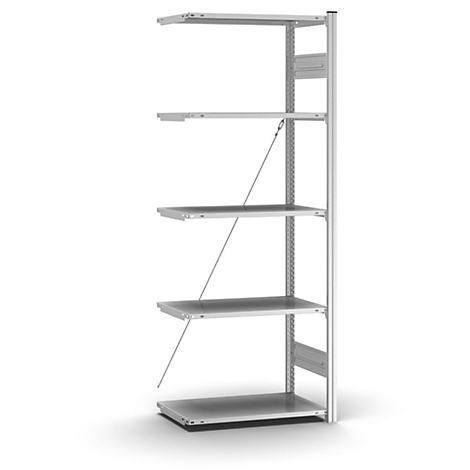 Zilveren plank met vijf planken. Draadkabels ondersteunen de planken. De achtergrond is wit.