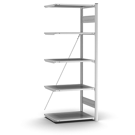 Metalen stellingkast met vijf planken tegen een witte achtergrond. Twee dunne draden ondersteunen de middelste planken.