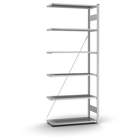 Grijs wandrek met zes planken, bevestigd aan een metalen paal. Steunbeugels op de planken.