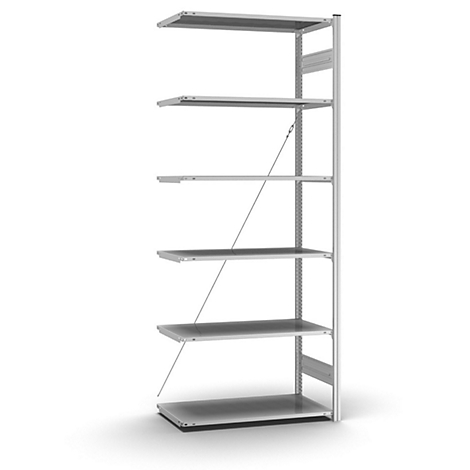 Grijs wandrek met meerdere niveaus, gestabiliseerd door metalen stutten.