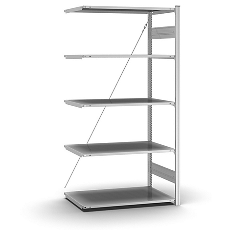 Een grijze wandplank met vijf planken, ondersteund door metalen stutten. De achtergrond is wit.