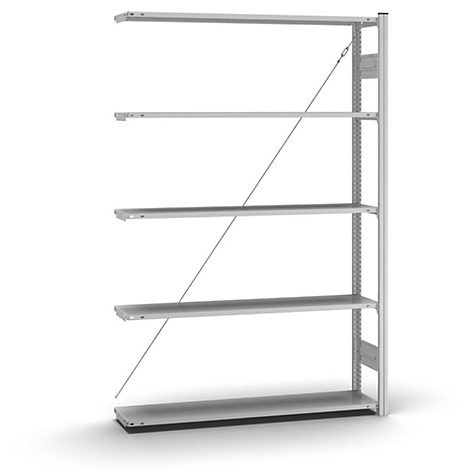 Grijs wandrek met vijf planken, bevestigd aan een muur met een diagonaal lopende metalen steun.
