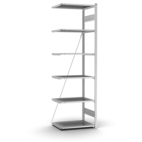 Grijs vrijstaand rek met zes niveaus en stutten; tegen een witte achtergrond.