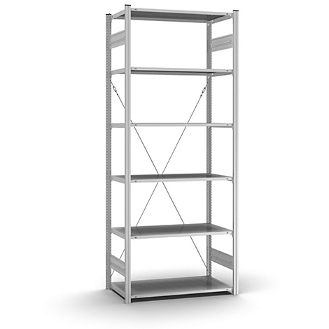 Grijs metalen rek met zes planken, diagonale schoren en verticale stijlen op een witte achtergrond.