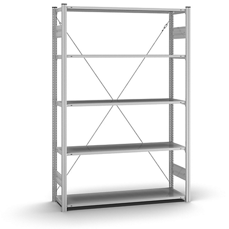 Grijze metalen stellingkast met vijf planken. Metalen stutten kruisen elkaar voor stabiliteit. De plank staat tegen een witte achtergrond.