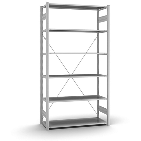 Grijs metalen rek met zes planken tegen een witte achtergrond. Twee diagonale steunen stabiliseren de constructie.