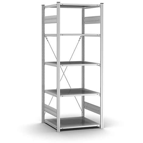 Metalen stellingkast met vier planken, zilverkleurig, tegen een witte achtergrond.