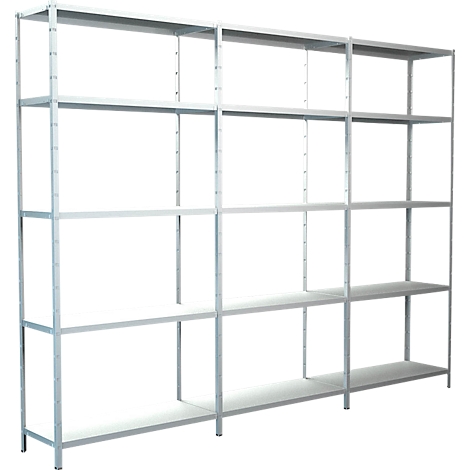 Een vrijstaand, lichtmetalen stelling met meerdere horizontale planken, tegen een witte achtergrond.