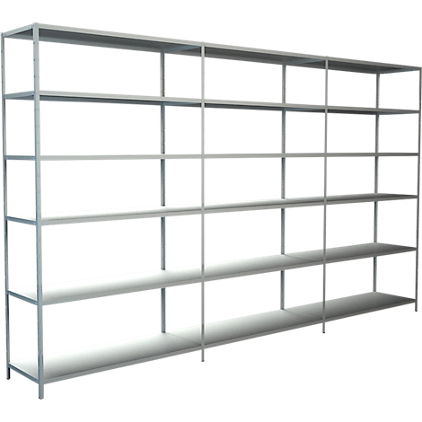 Grijs, metalen stellingkast met meerdere niveaus tegen een witte achtergrond. De plank is leeg.