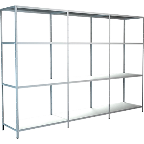 Metalen rek met meerdere niveaus, in lichtgrijs. De constructie is open en bestaat uit stalen frames en planken.