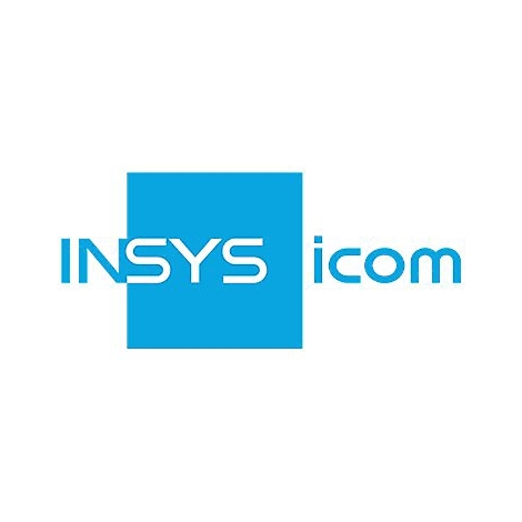 Blaues Logo mit "INSYS" in Weiß, überlagert von einem blauen Quadrat, daneben "icom".