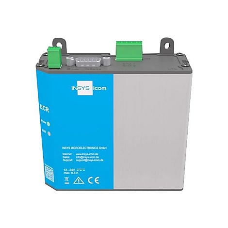 Ein graues und blaues Industrie-Gerät mit Aufschriften wie 'INSYS icom' und technischen Details.