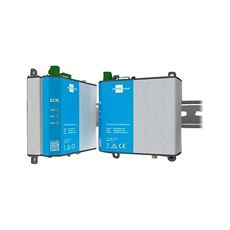 Zwei graue und blaue elektronische Geräte mit Texten wie "ECR" und "INYS icom" auf weißem Hintergrund.