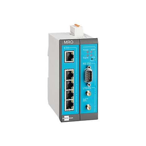 Ein blau-graues elektronisches GerÃ¤t mit AnschlÃ¼ssen und Anzeigen, vor weiÃŸem Hintergrund.