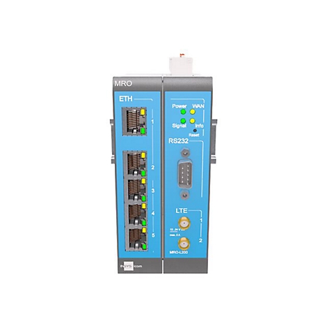 Ein blau-graues MRO-L200-Gerät, das verschiedene Anschlüsse und Anzeigen aufweist. Beschriftungen umfassen ETH, RS232, LTE und Power. Mehrere Ethernet-Ports sind sichtbar.