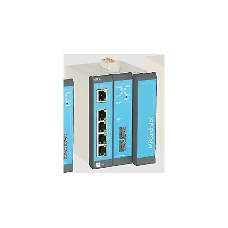 Mehrere blaue und graue Netzwerkkarten-Slots mit Beschriftung.