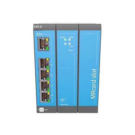 Gerät mit blauer Frontplatte, ETH-Anschlüssen, Anzeigen und Beschriftung "MRcard slot".