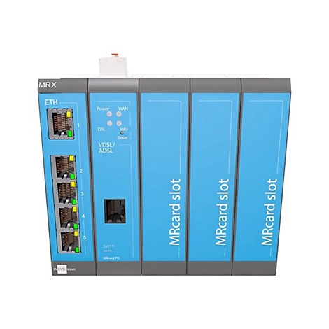 Mehrere blaue Ethernet-Module mit Beschriftungen wie "MRX", "ETH", "Power", "WAN", "DSL", "VDSL/ADSL" und "MRcard slot".