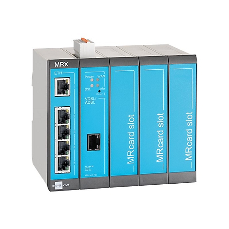 Ein graues elektronisches Gerät mit blauen Modulen. Aufschrift: MRX, ETH, MRcard slot.