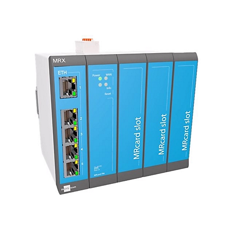 Ein graues und blaues Netzwerkgerät mit Ethernet-Anschlüssen und MRcard-Steckplätzen, auf weißem Hintergrund.