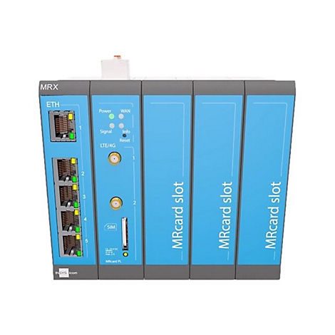 Ein graues Gerät mit blauen Modulen, beschriftet mit "MRX", "ETH", "MRcard slot", und verschiedenen Anschlüssen und Anzeigen.