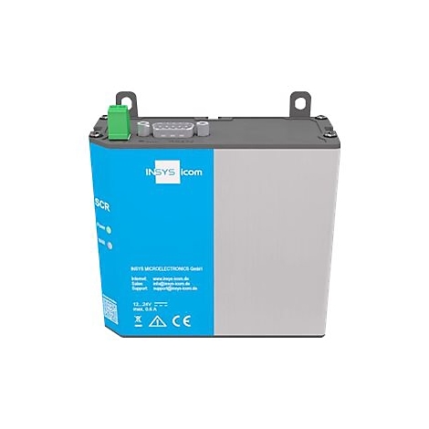 Ein elektronisches Gerät mit blauem und grauem Gehäuse, Anschlüssen und der Aufschrift "INSYS icom".