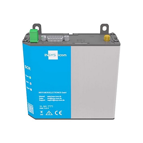 Ein graues elektronisches Gerät mit blauem Einsatz. Aufschrift: INSYS icom, SCR, sowie technische Details.