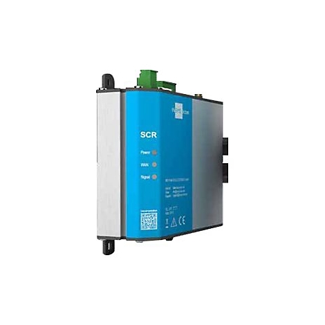 Ein graues und blaues elektronisches Gerät. Auf der blauen Vorderseite steht "SCR", darunter drei Kontrollleuchten und Beschriftungen.