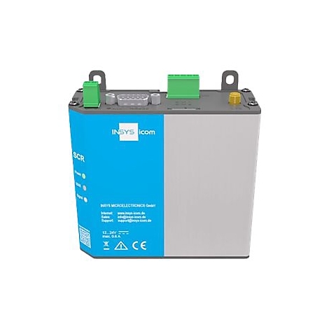 Ein elektronisches Gerät mit blau-grauer Oberfläche. Es zeigt Text wie "INSYS icom", Anschlussbuchsen und grüne Klemmen.