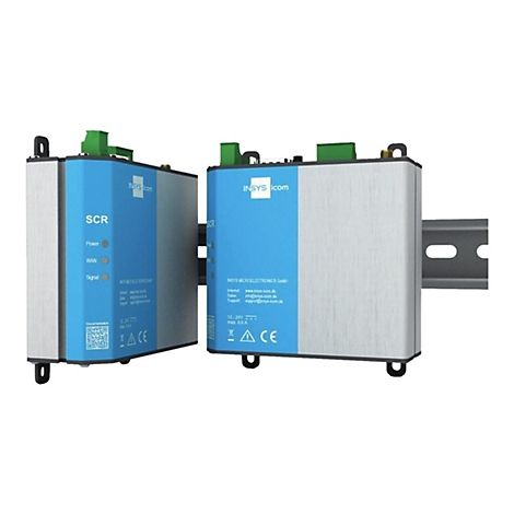 Zwei graue Metallgehäuse mit blauen Elementen. Auf der blauen Fläche steht SCR, darunter Lämpchen für Power, WAN und Signal.