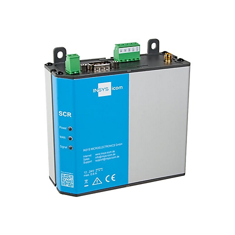 Ein elektronisches Gerät mit blauer Front, silbernen Seiten, grünen Anschlüssen und der Aufschrift "SCR".