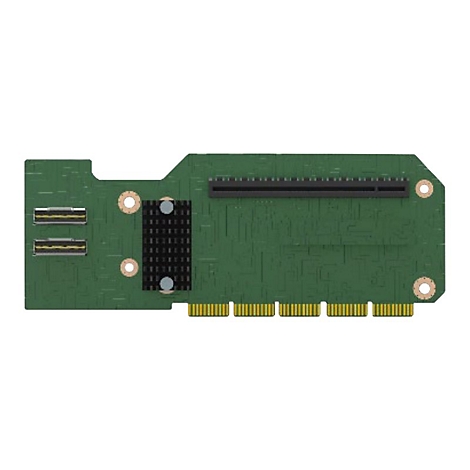 Grüne Platine mit Steckplätzen, USB-Anschlüssen und Kühlkörper, vor weißem Hintergrund.