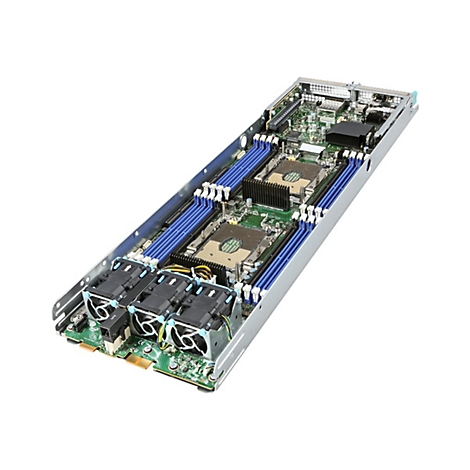 Eine Serverplatine in einem Gehäuse, grün und blau mit Kühlkörpern und Lüftern, auf weißem Hintergrund.