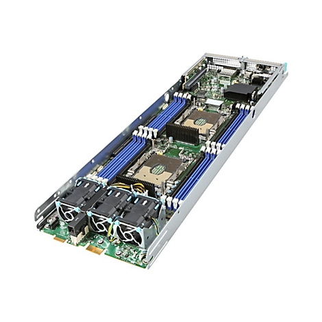 Ein offenes Server-Motherboard mit Kühlkörpern, Lüftern, RAM-Steckplätzen und Prozessorsockeln.