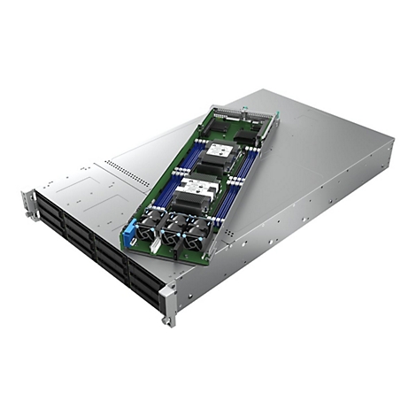 Ein Server, mit geöffnetem Gehäuse, zeigt interne Komponenten wie Lüfter, CPU und Festplatten. Grauer Hintergrund.