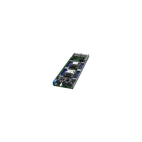 Grüne Platine mit elektronischen Komponenten, Kühlkörpern und Lüftern auf weißem Hintergrund.