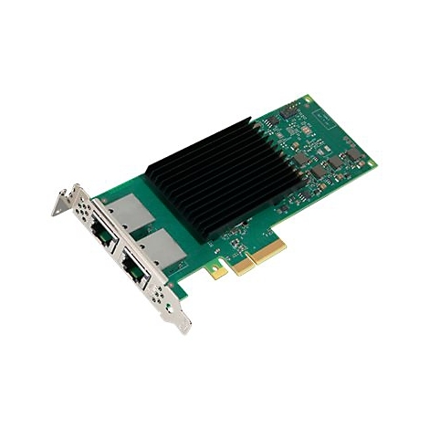 Grüne Netzwerkkarte mit zwei Ethernet-Ports und einem großen schwarzen Kühlkörper auf weißem Hintergrund.