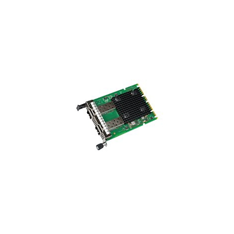 Netzwerkkarte mit grünem PCB, großem schwarzen Kühlkörper und zwei SFP-Anschlüssen vor weißem Hintergrund.