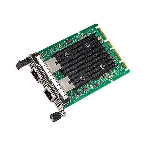 Netzwerkkarte mit grünem Board, schwarzem Kühlkörper und zwei RJ45-Anschlüssen vor weißem Hintergrund.